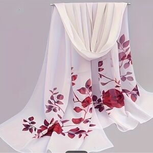 Floral White and Red Silk Scarf